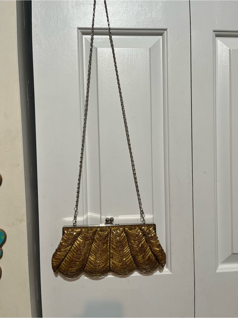 Vintage SLG Beaded Sequin Purse Handbag Clutch Kiss Clasp Floral Silver Gold